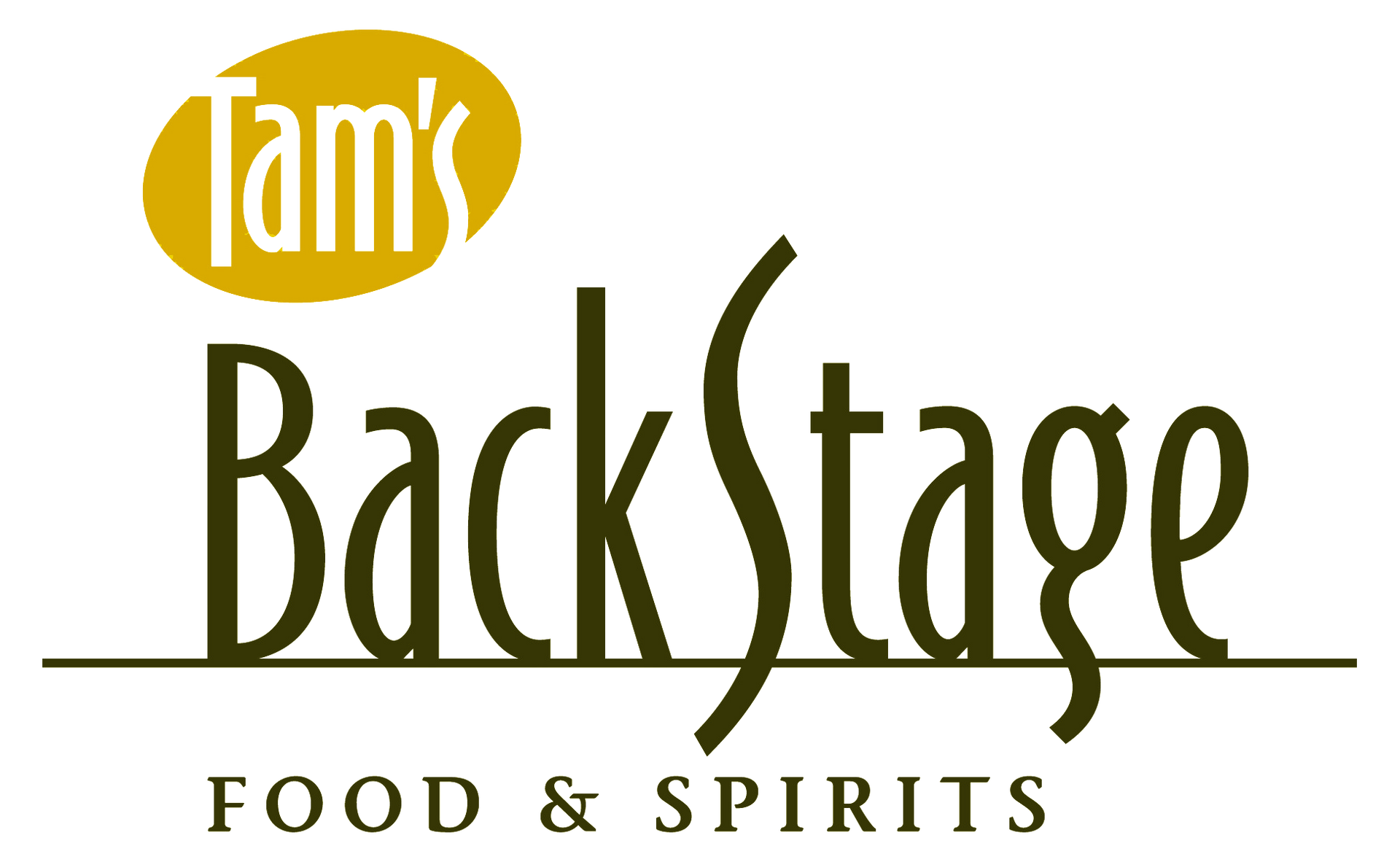 Tami’s Backstage Food & Spirits logo in gold and dark green on a white background