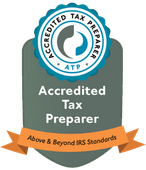 A badge that says accredited tax preparer above and beyond irs standards