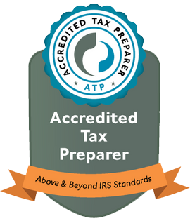 A badge that says accredited tax preparer above and beyond irs standards