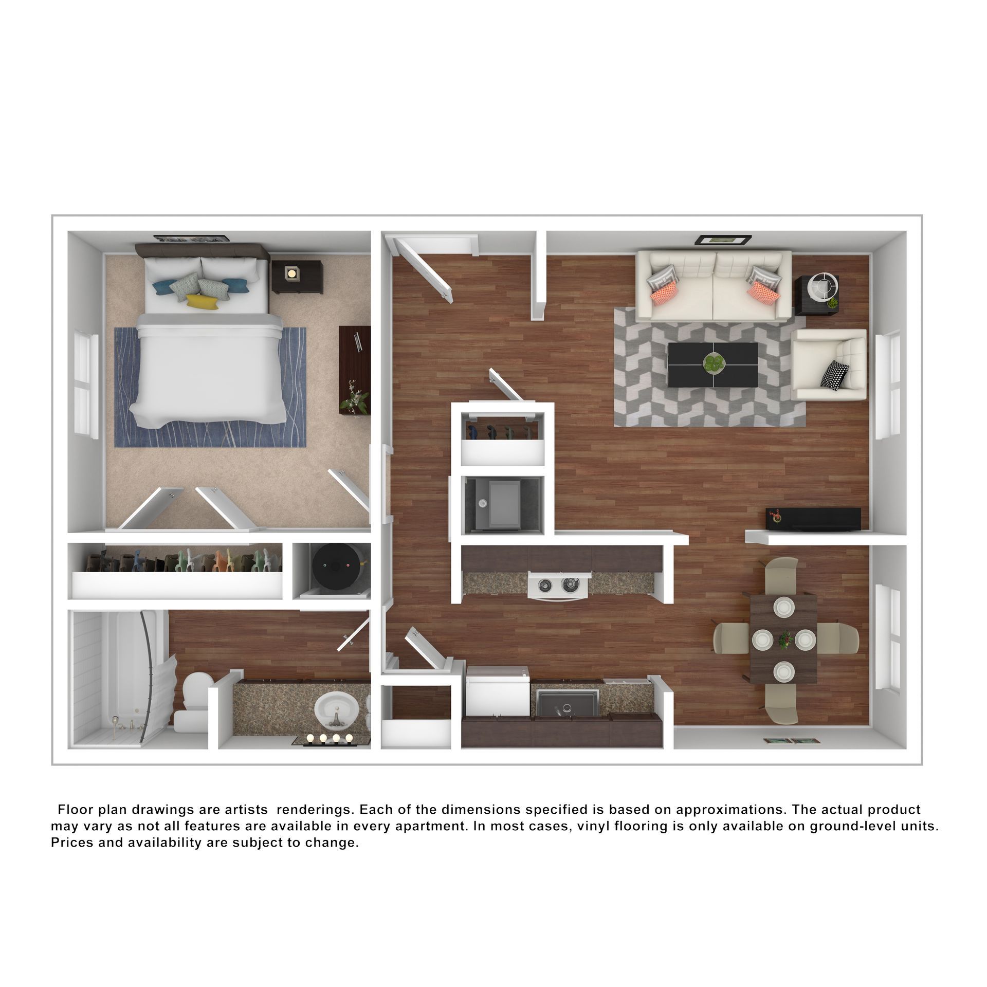A 2D floor plan of a one-bedroom apartment with a living room, kitchen, dining area, bathroom, and closet.