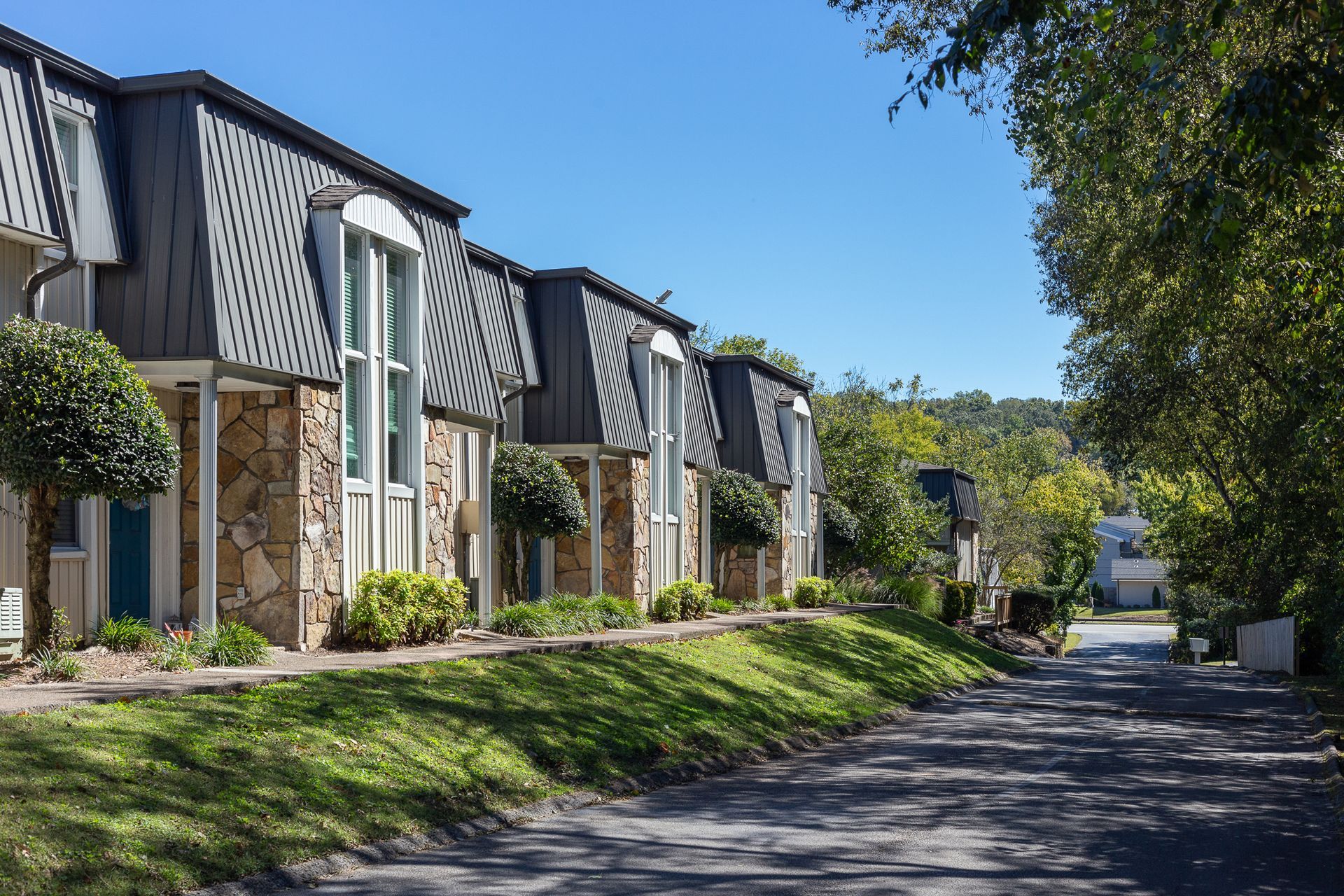 A row of townhouses with patterned dark metal roofs and stone facades, set along a paved path under a clear blue sky.