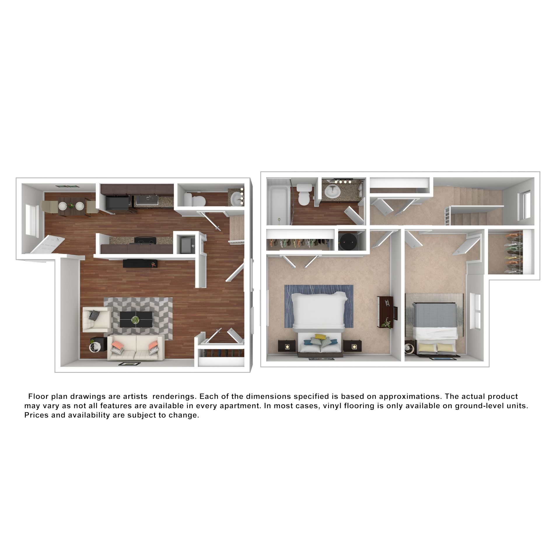 Floor plan for a two-bedroom, two-bathroom apartment featuring an open-concept kitchen, dining, and living area.