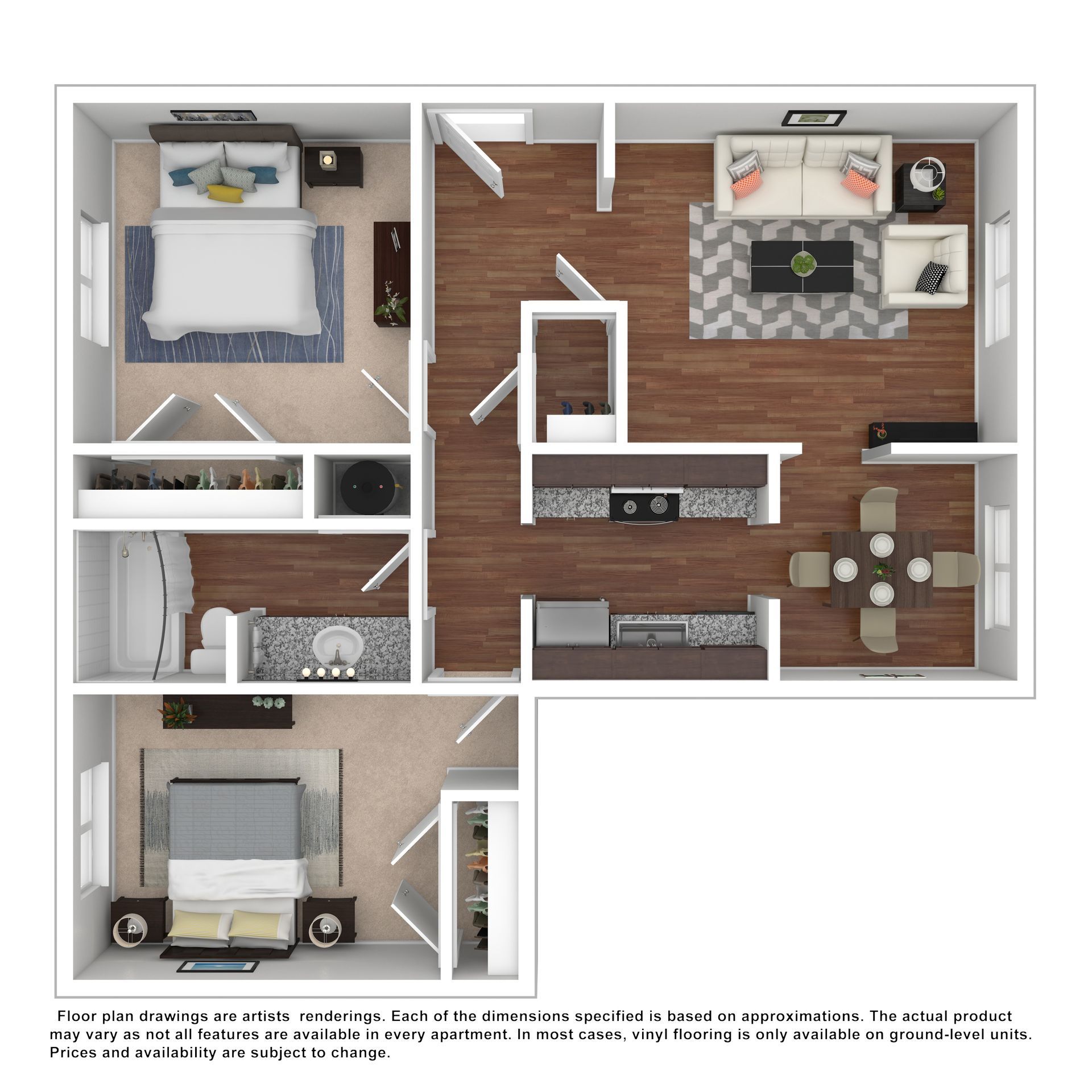 A top-down floor plan showing a two-bedroom, one-bathroom apartment with an open-concept kitchen, dining, and living area.