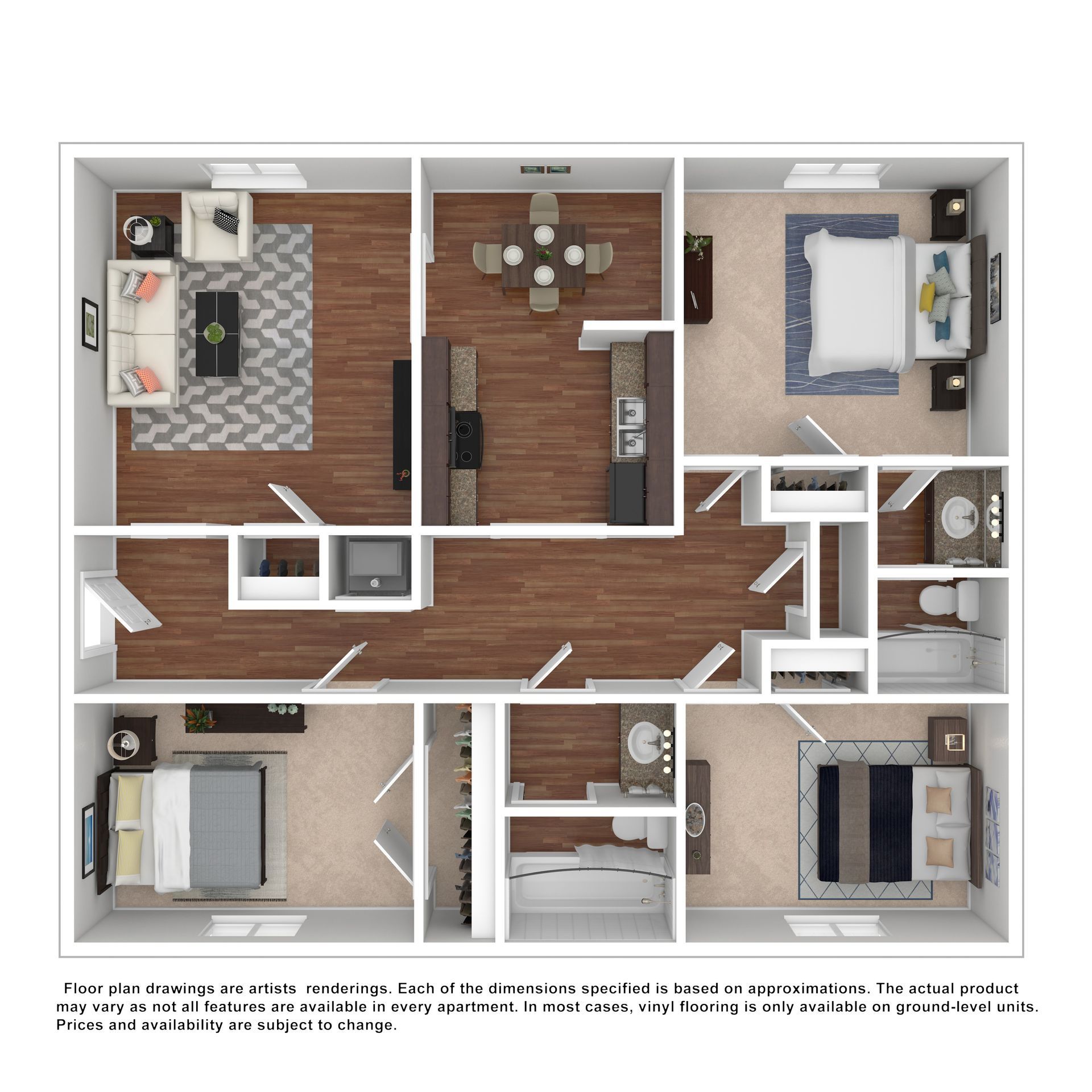 A top-down 3D floor plan of a two-bedroom apartment with a living area, dining space, kitchen, and two bathrooms.