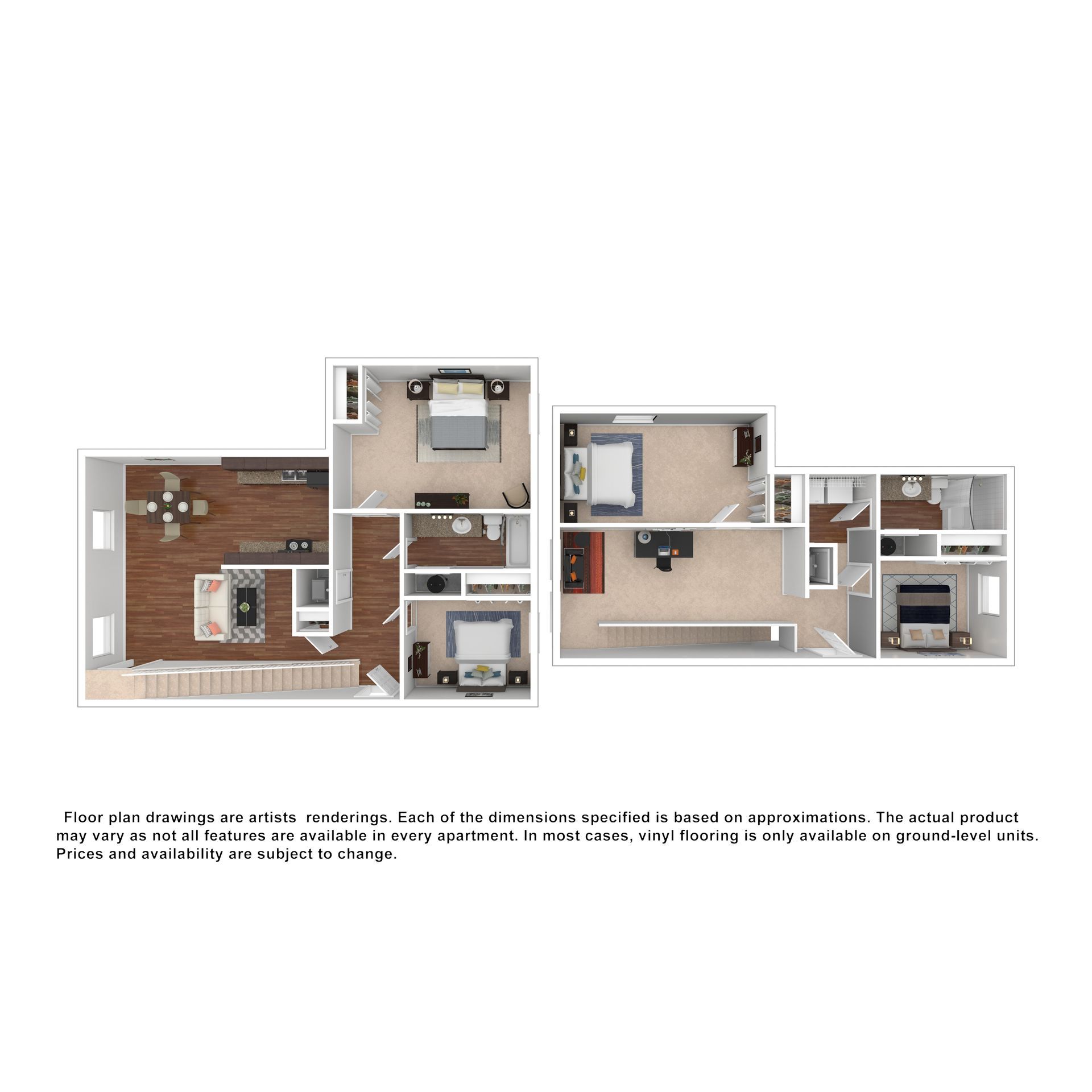 A 2D floor plan of a multi-level apartment with a kitchen, living area, three bedrooms, and three bathrooms.