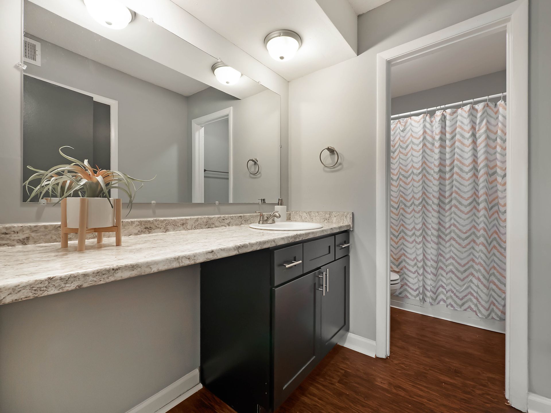 Bathroom with a dark vanity, granite countertop, large mirror, and an open doorway leading to a shower with a patterned curtain.