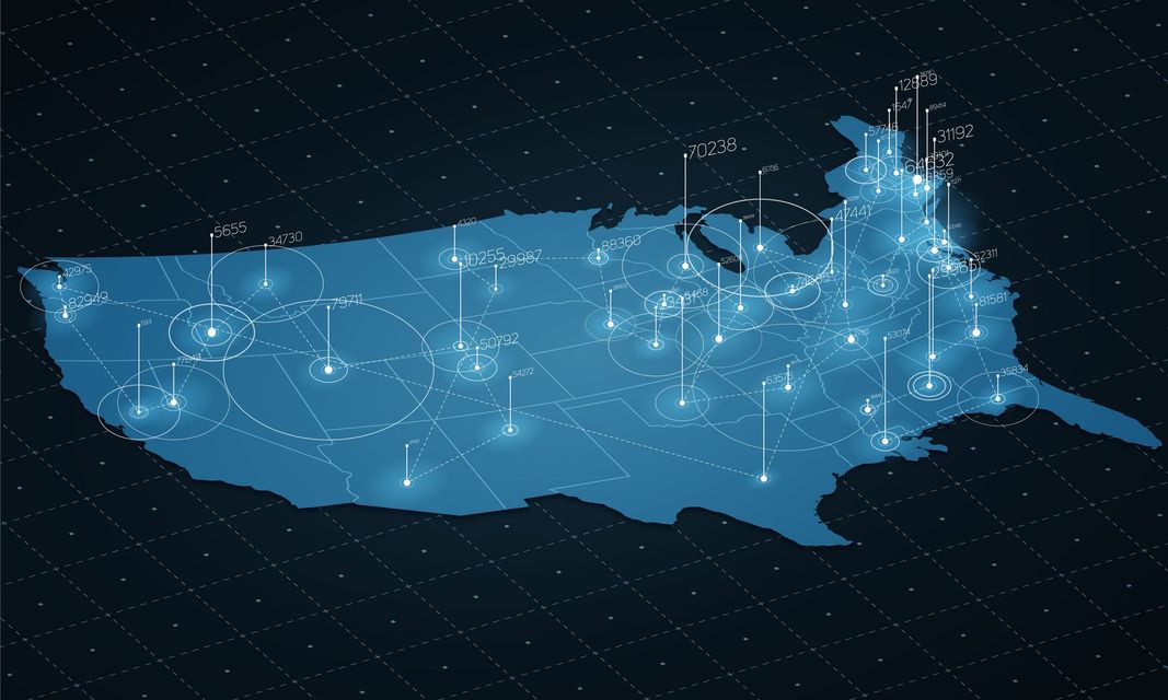 map of the United States with radio towers