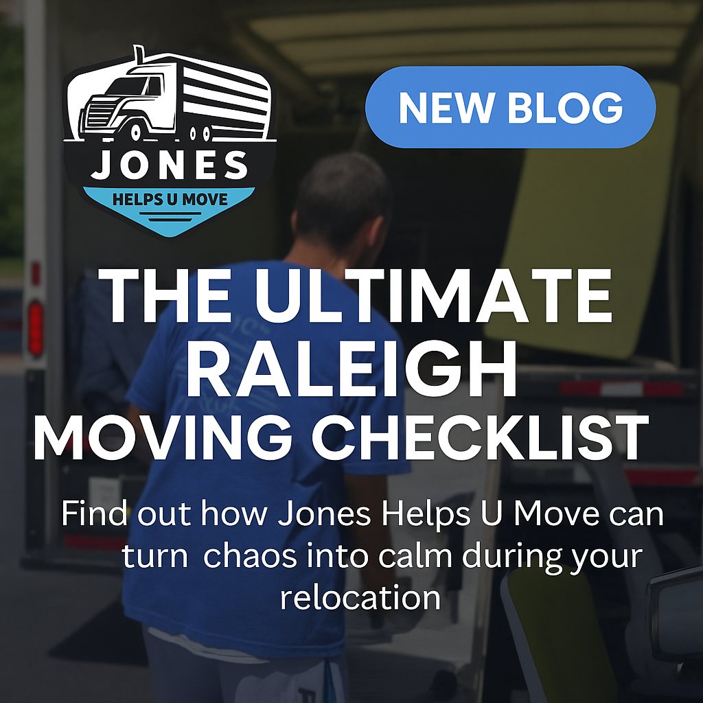 Moving checklist blog ad: a moving truck with a person inside loading items. Text: The Ultimate Raleigh Moving Checklist.