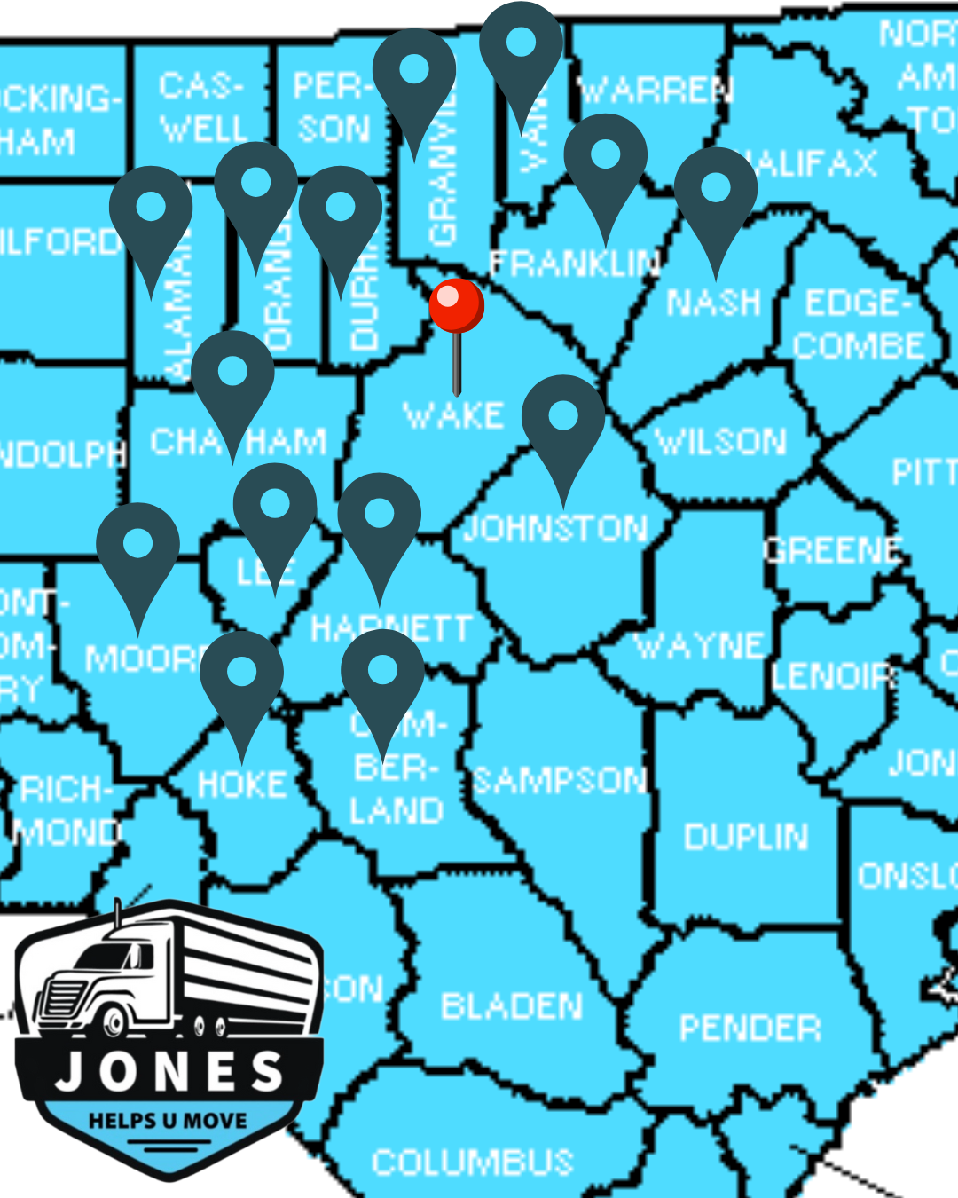 Service are map for Jones Helps U Move covering Apex, Cary, and the greater Triangle region. 