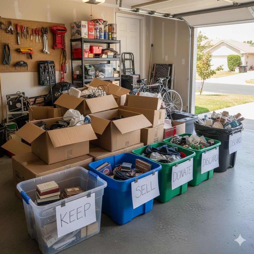 Garage decluttering in Holly Springs, NC with organized keep, sell, and donate bins for a stress-free move. 