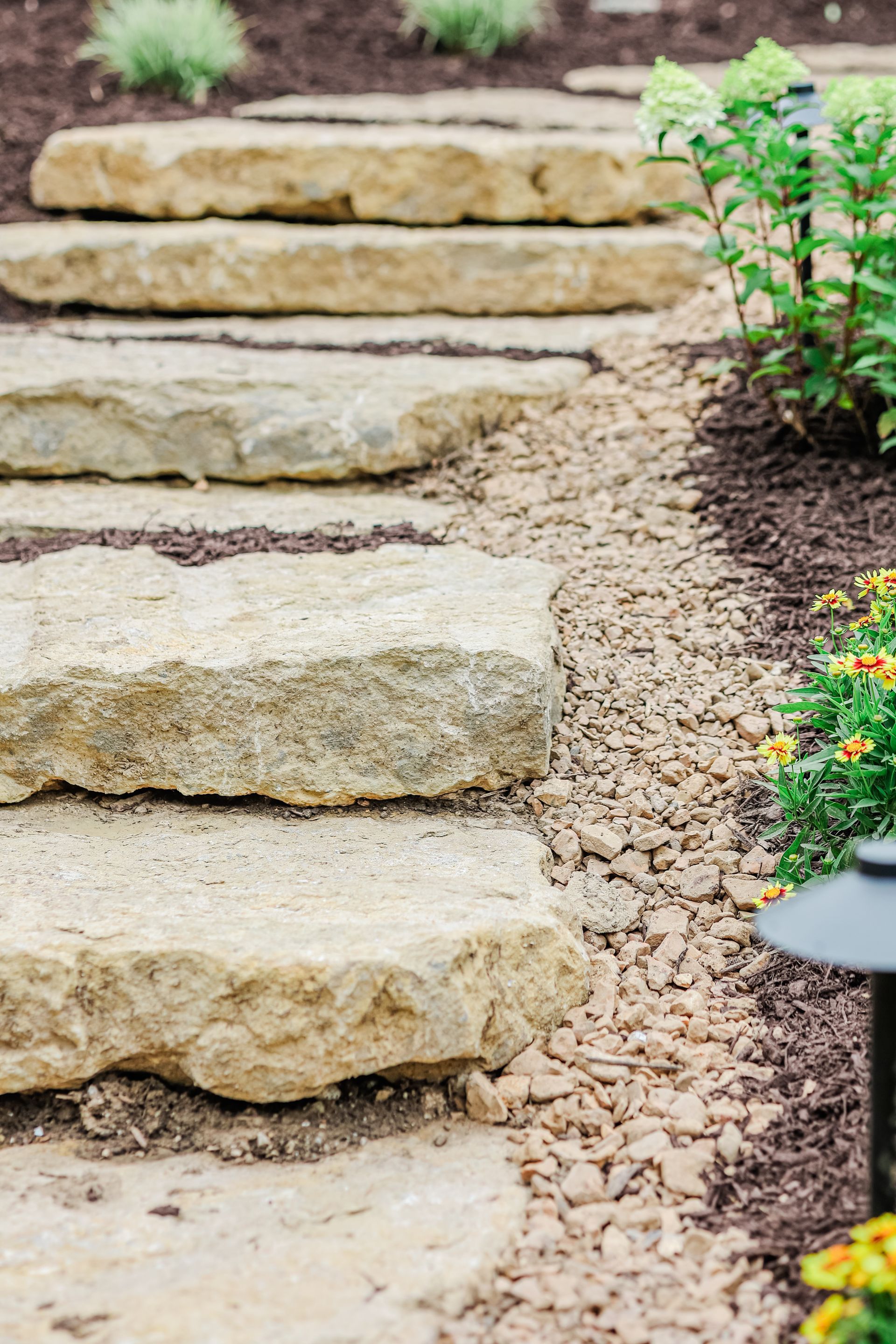 Stone steps in a garden beside a gravel path and green plants