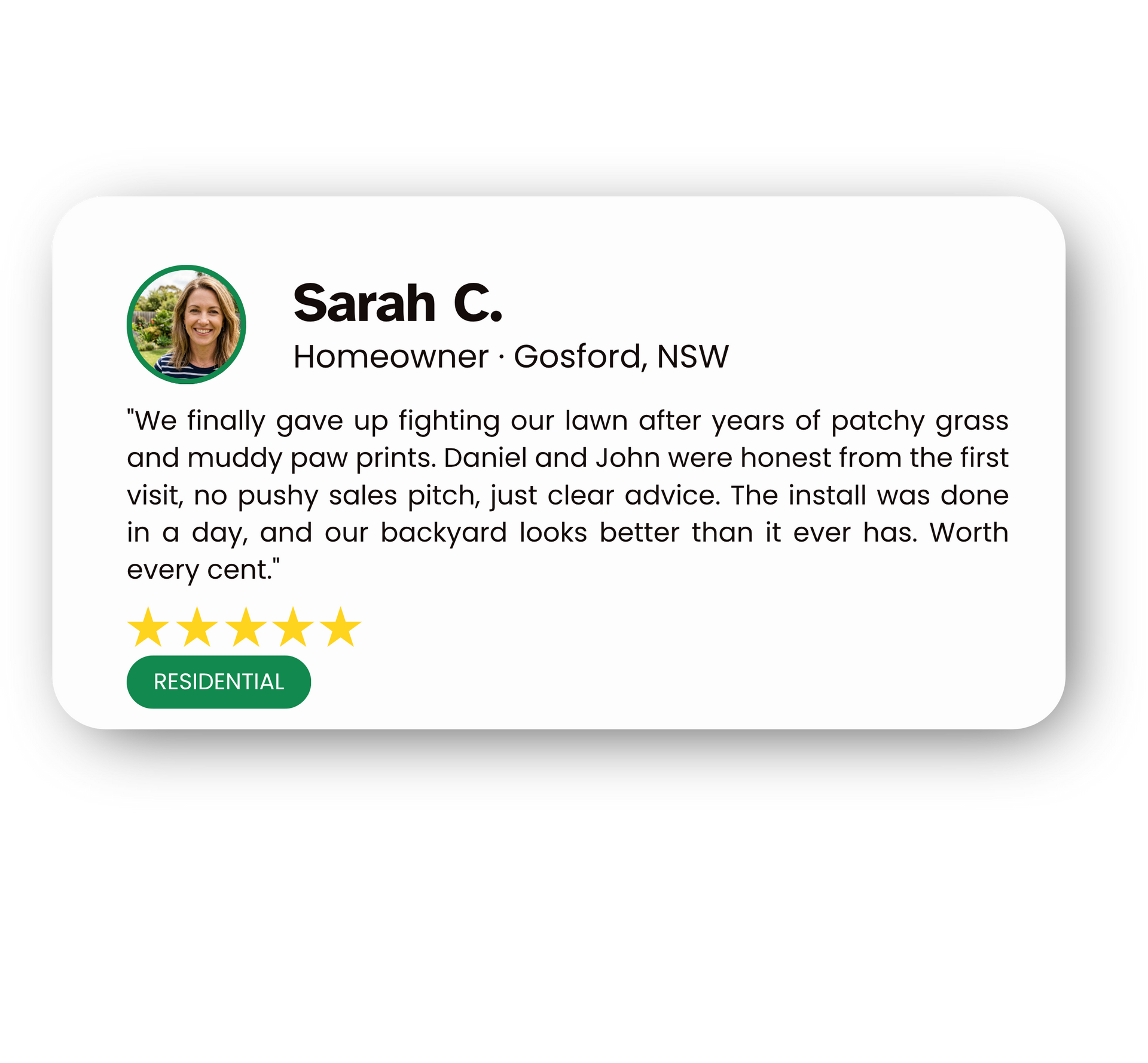 Customer review card with profile photo, 5 stars, and a green “See case” button on a white background