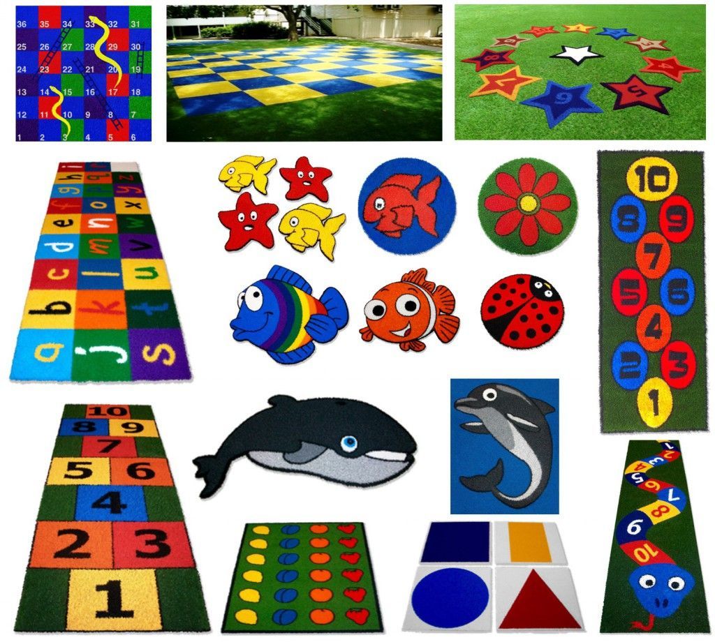 Colorful outdoor hopscotch and rug play mats with animals, numbers, and shapes on grass and pavement