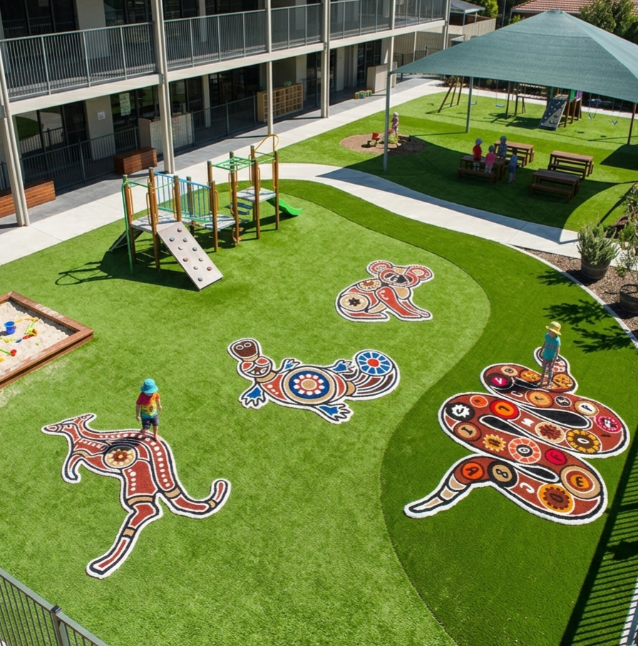 Playground with colorful Aboriginal-style art on bright green turf beside a building and shaded pavilion