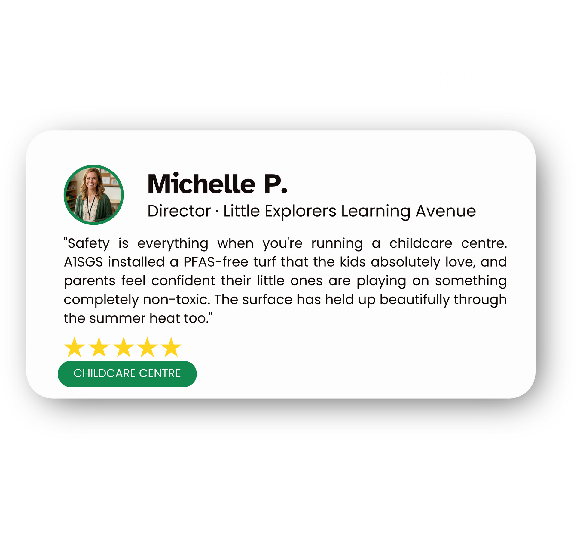Testimonial card with profile photo, five gold stars, and green “Check Case” button on a white background