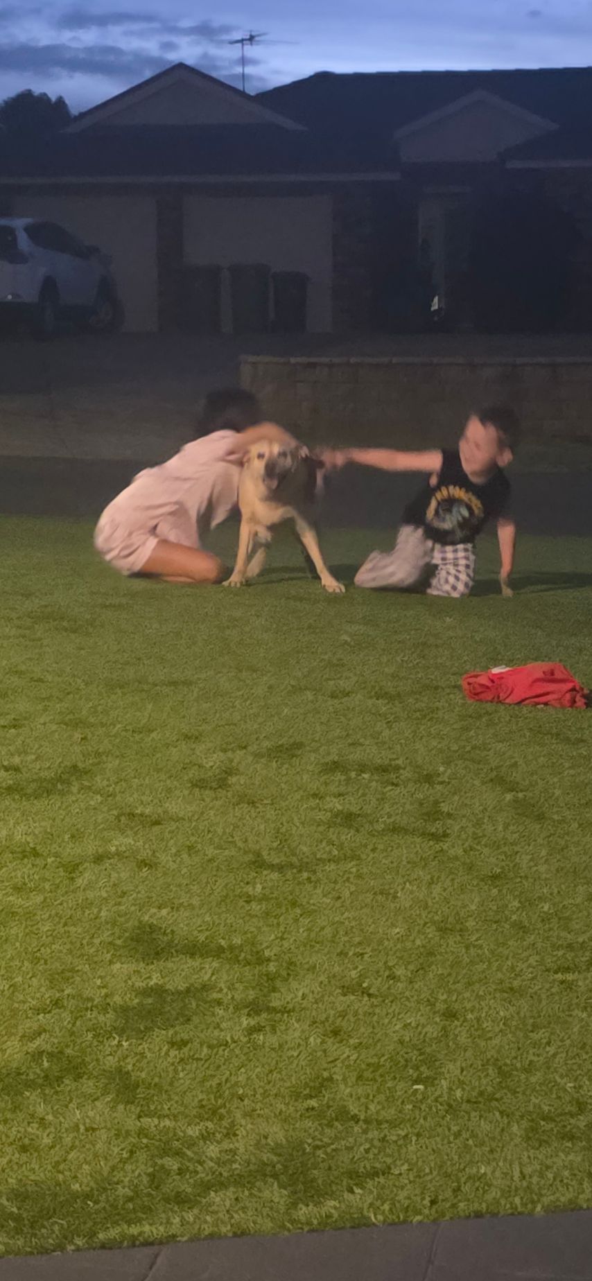 Two people on a grassy lawn at dusk, one kneeling beside a seated child near a red toy.