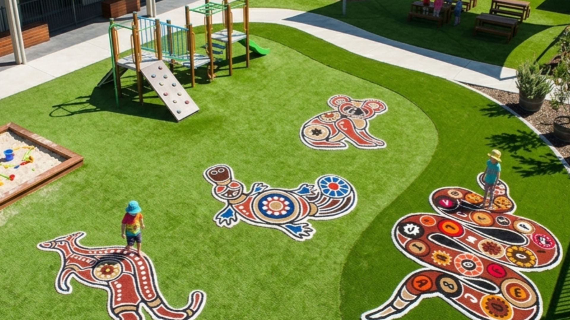 Colorful outdoor playground with painted hopscotch-style animal and flower shapes on bright green turf