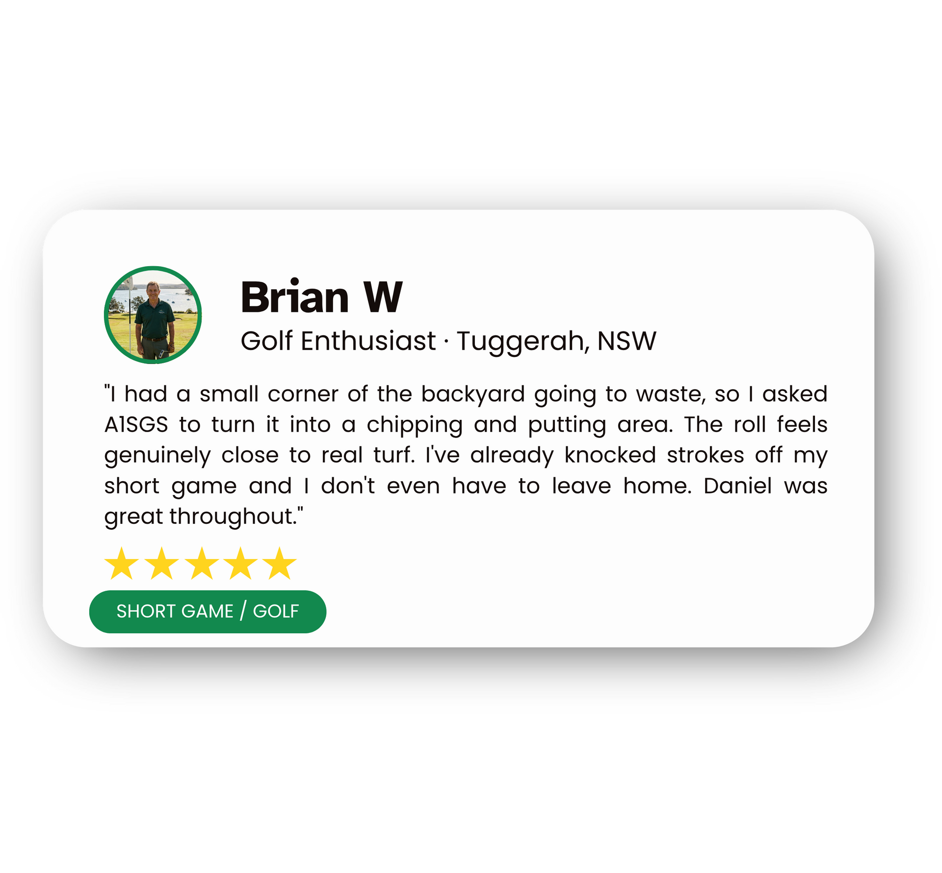 Customer review card for Brian W, with 5-star rating and green button.