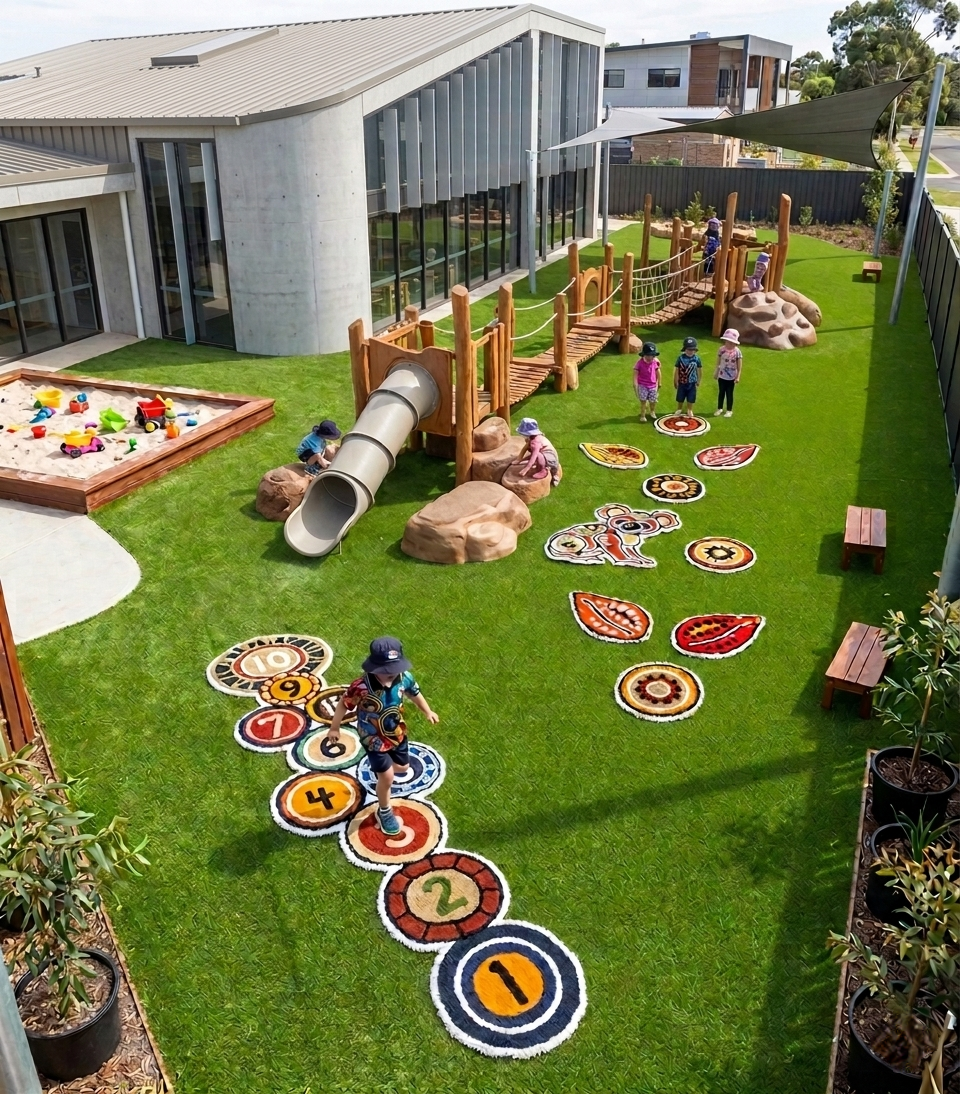Modern school playground with slide, colorful stepping circles, and children on green grass