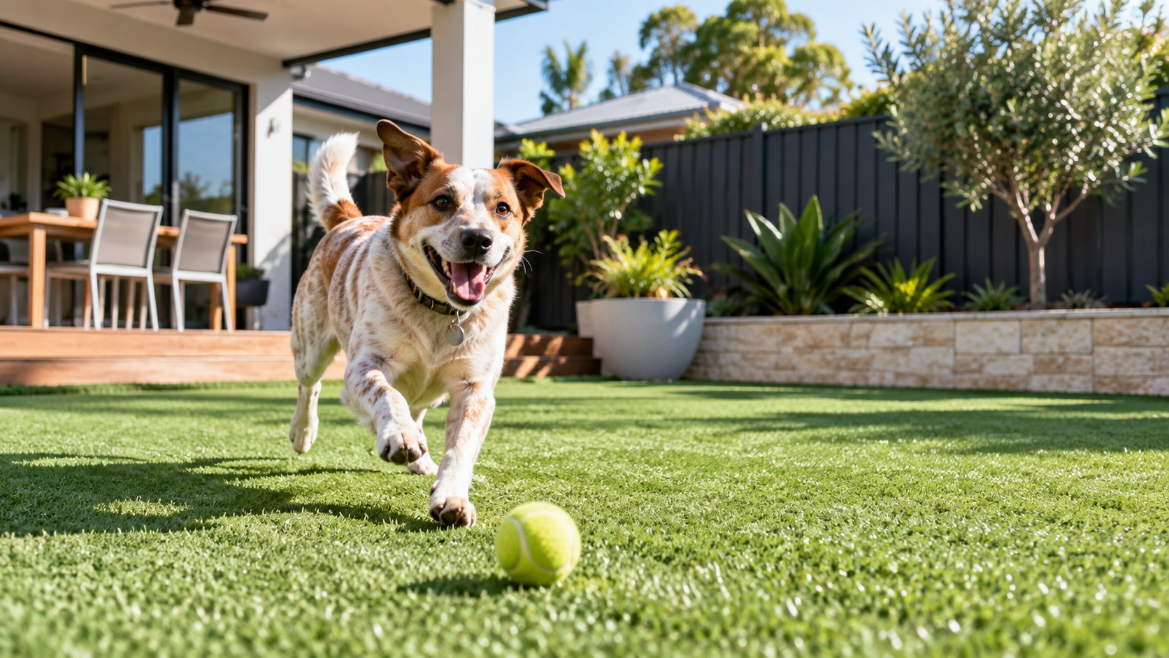Dog playing on clean artificial turf in a secure Australian backyard 