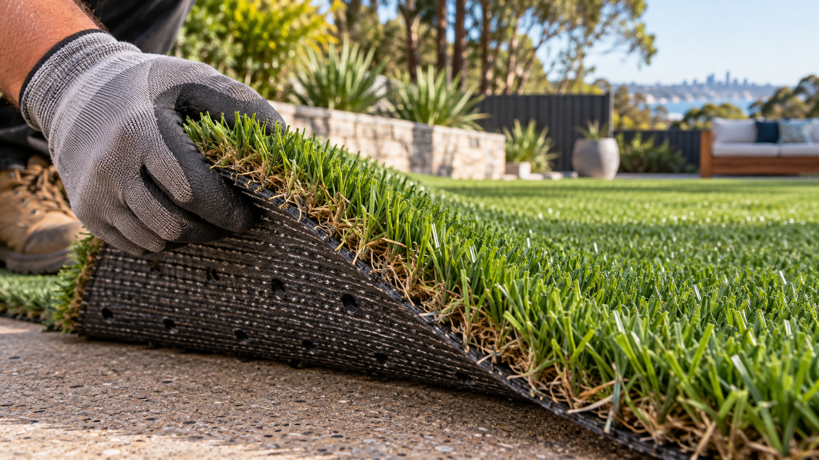 Close-up of artificial grass fibres, thatch, backing and drainage holes