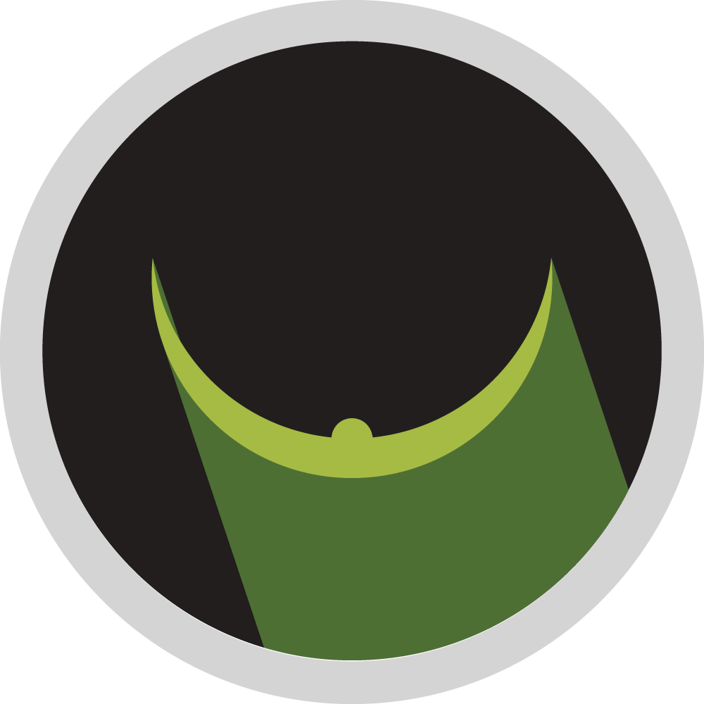 Green abstract logo with a dark circle and silver border, resembling a stylized bowl or smile shape
