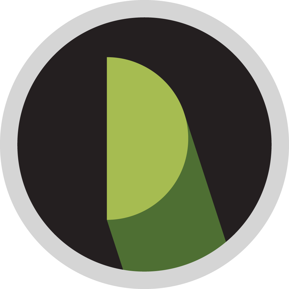 Abstract green leaf-like logo on a dark circular background with a silver rim