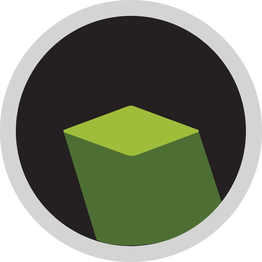 Green cube icon on a dark circular background