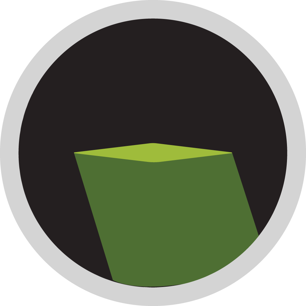 Stylized green cube on a dark circular background with a light gray border