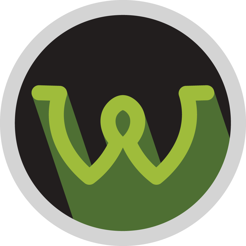 Green stylized “W” logo on a black circle with a gray border