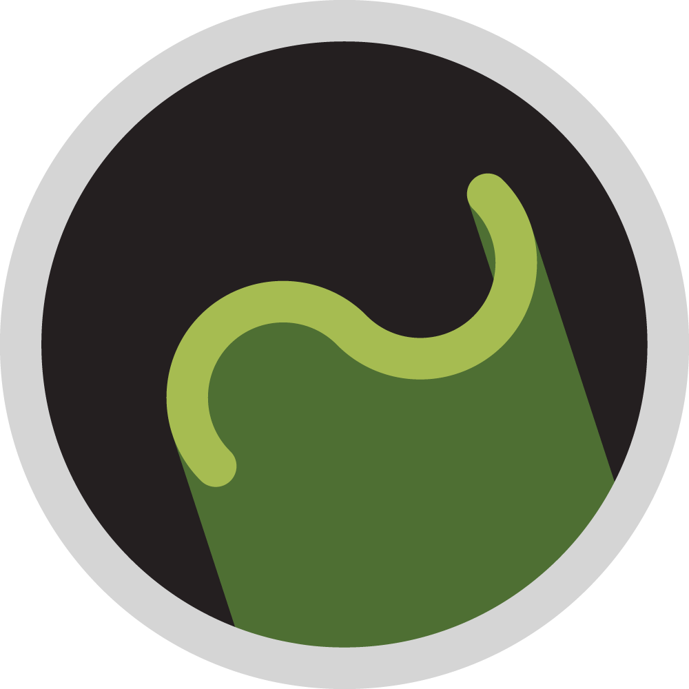 Green abstract logo with a wavy top on a dark circular background, outlined in gray