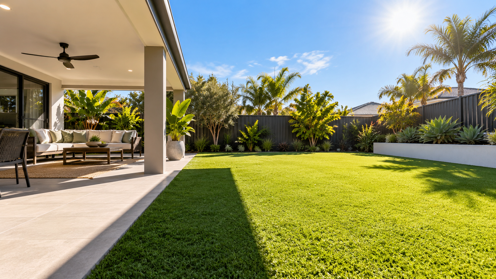 Artificial grass lawn in a sunny Australian backyard beside a shaded outdoor entertaining area