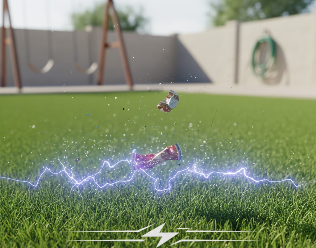 Electric sparks across green grass near a small toy figure outdoors