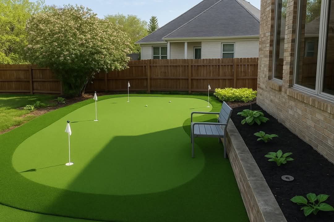 Backyard putting green beside a house, with two flagsticks and a bench along the stone wall.