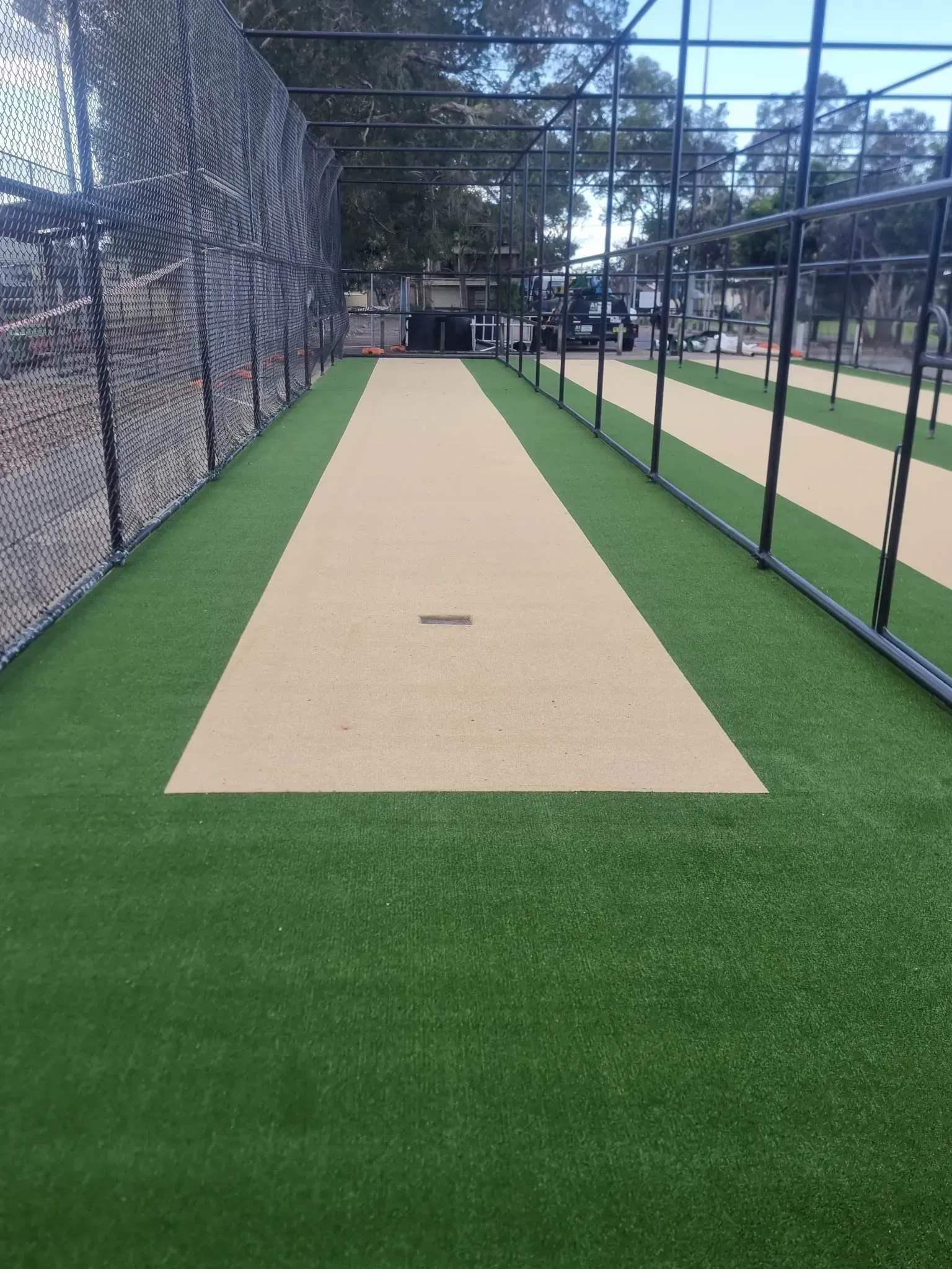 View inside a cricket net with green artificial turf and a beige pitch in the center, surrounded by metal netting. Trees are visible in the background.