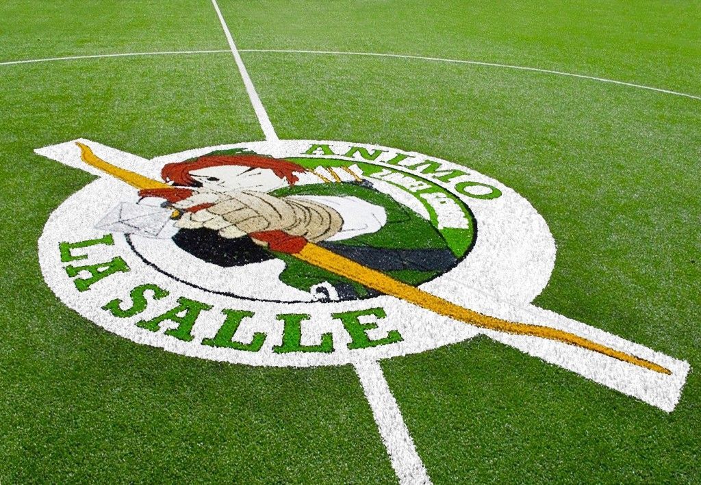 La Salle logo painted on a green sports field with white yard lines