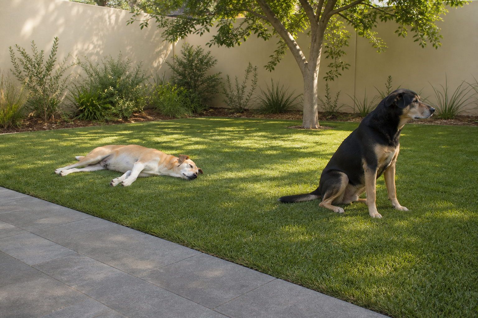 Two dogs resting on a professionally installed artificial lawn with a clean edge against paving in a