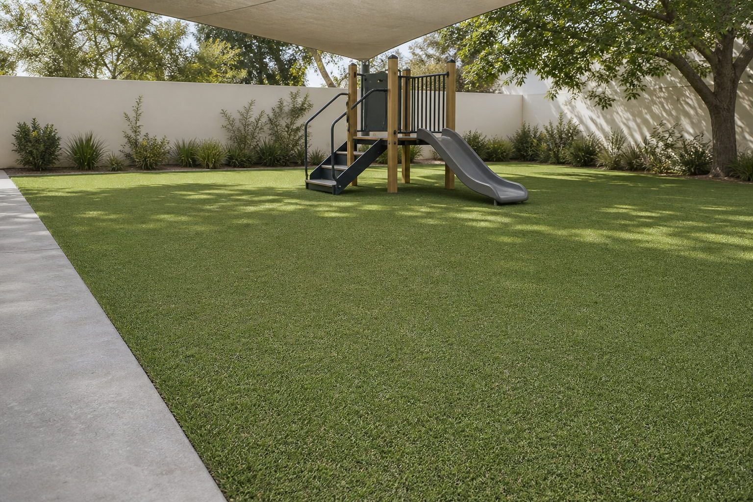 Synthetic grass soft fall surfacing extending well beyond the base of a low play structure in a shad