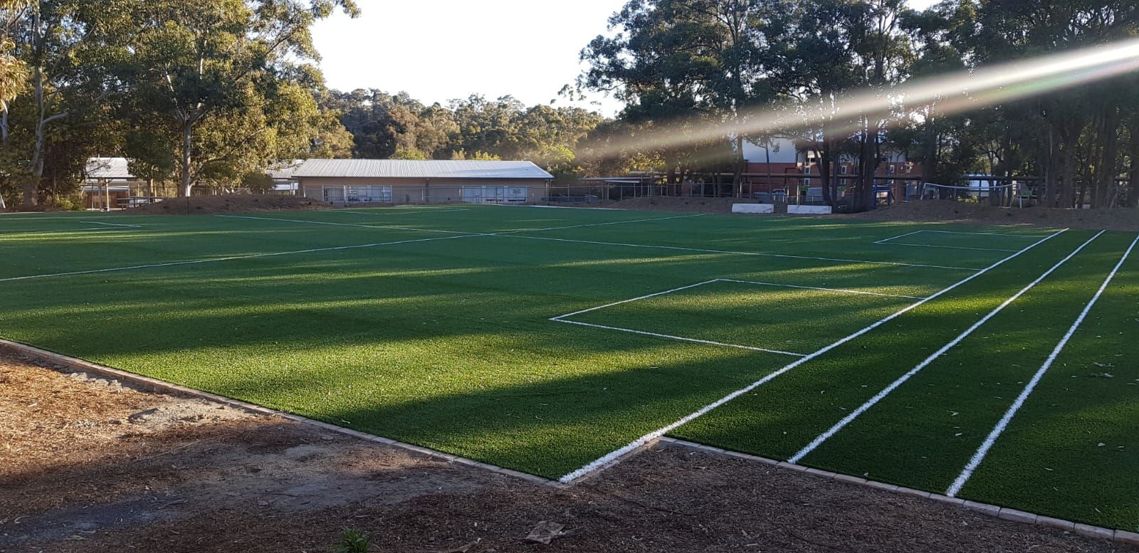 Empty sports field with green turf, white lines, and trees along the edge at sunset