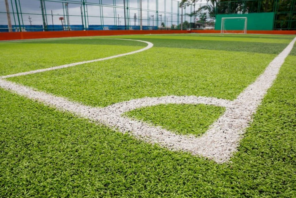Close-up of a green soccer field corner with white boundary lines and goal area marking