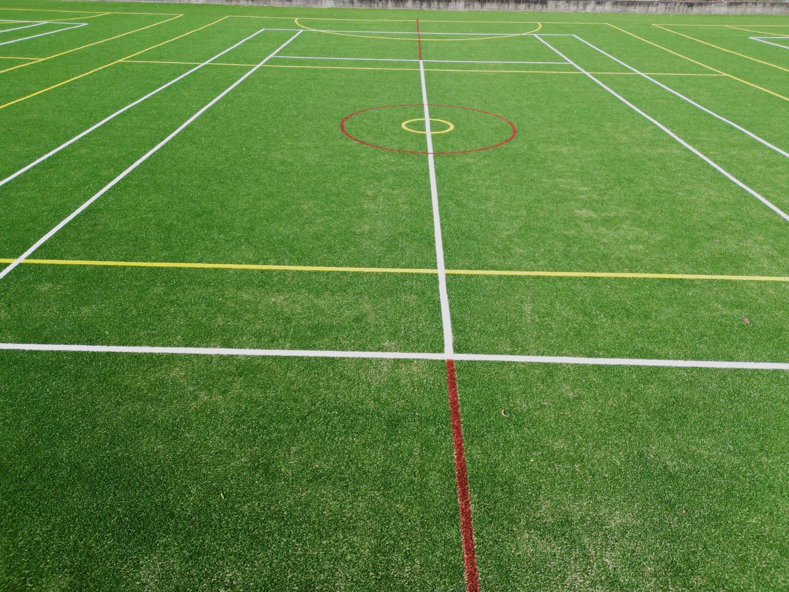 Green sports field with white boundary lines and a red center line beneath a circular marking
