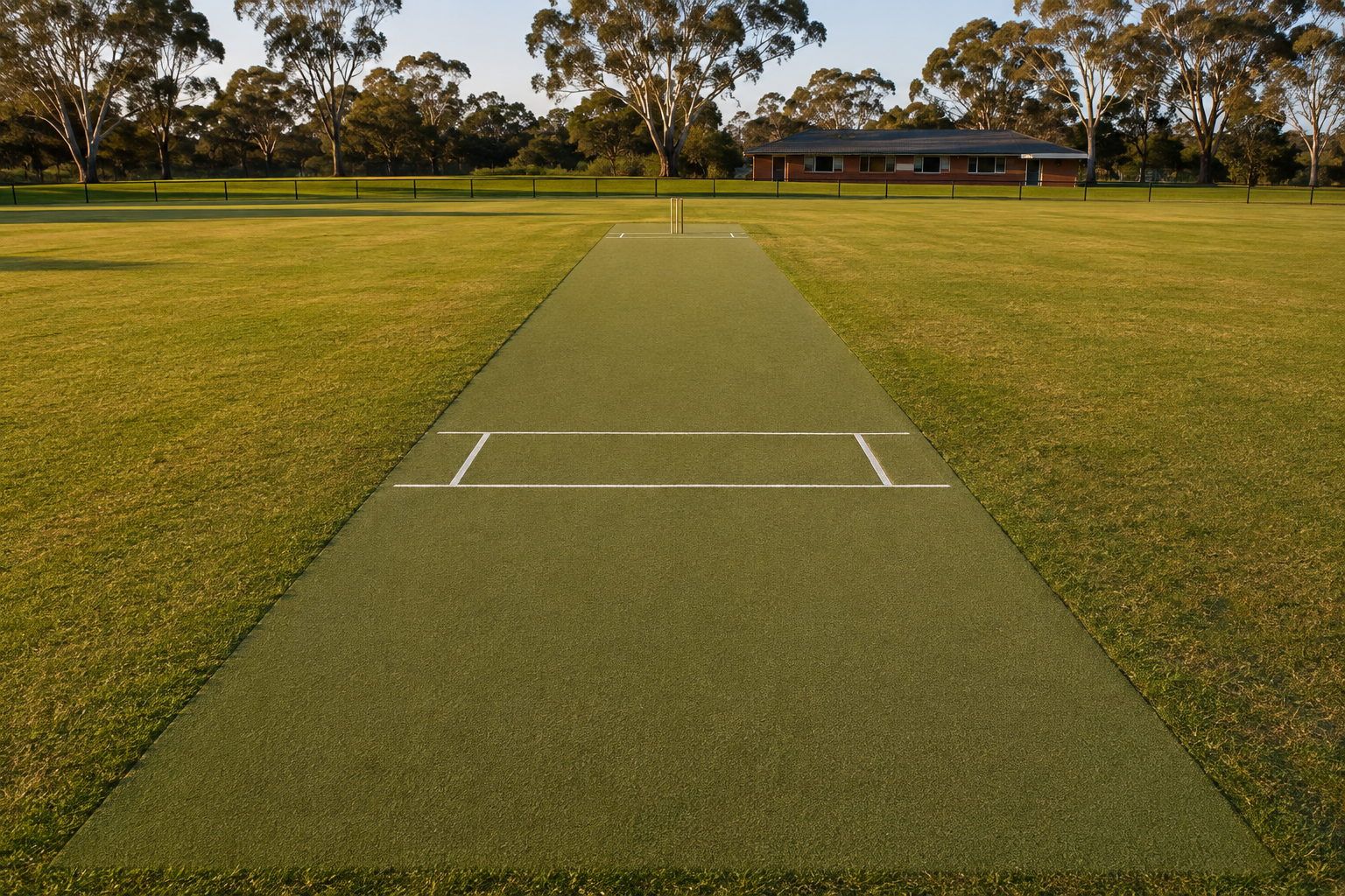 Synthetic cricket pitch installed on a grass oval, photographed end-on down the length of the strip
