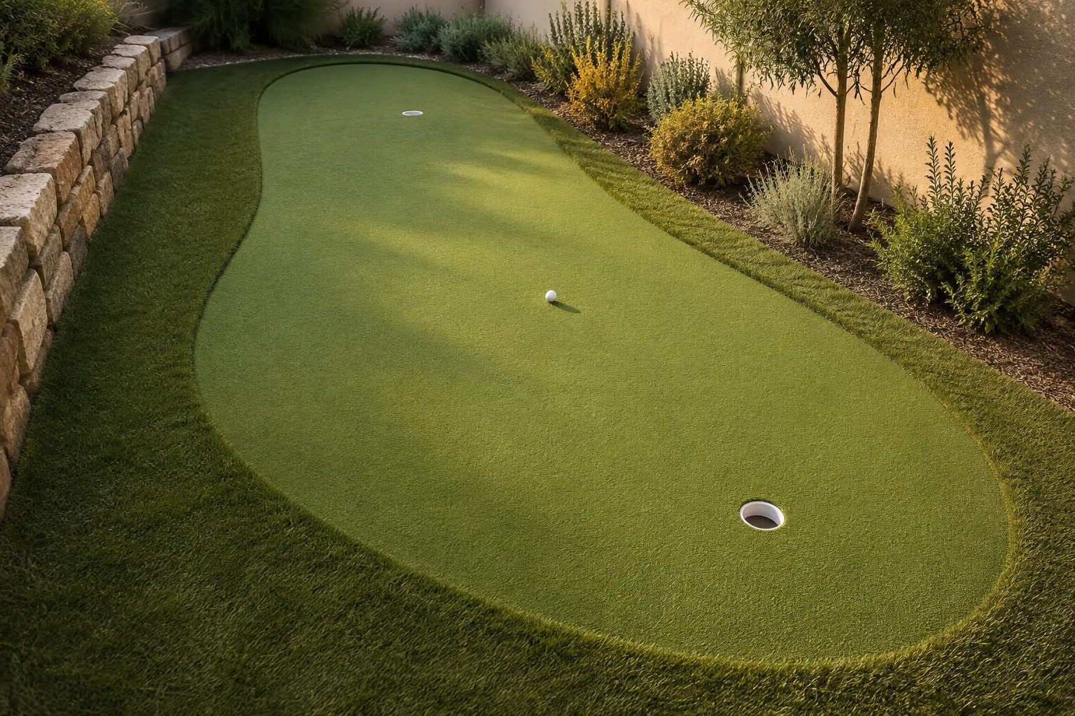 Contoured backyard synthetic putting green with two cups, showing the short putting surface meeting