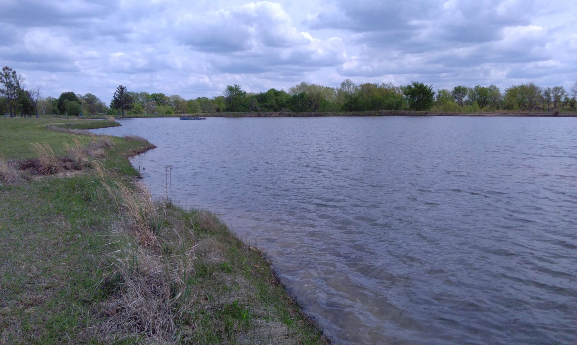 Calm lake under cloudy sky; grassy shoreline with trees in the distance.
