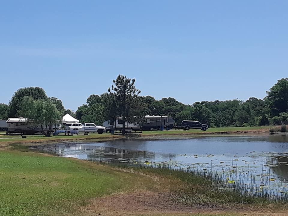 Campground scene with RVs and vehicles near a pond under a blue sky.