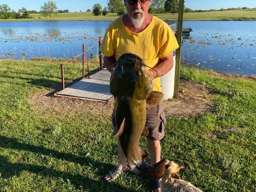 Man holding a large catfish by a lake, dog at his feet.