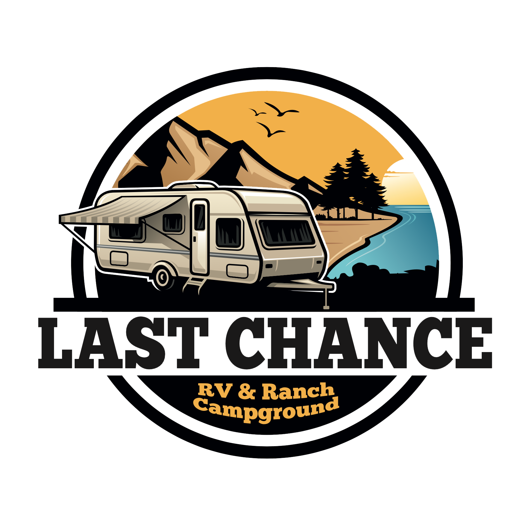 Logo: RV campsite with a trailer, mountains, water, and text 