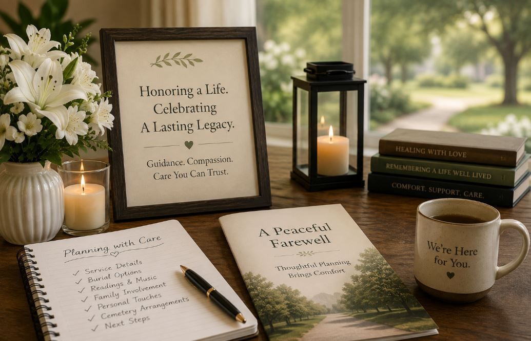 Indianapolis, IN funeral services planning with flowers, candle, and peaceful farewell notes