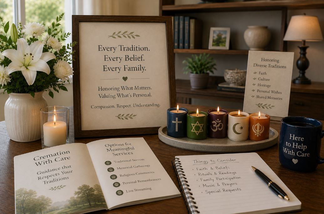 Respectful Indianapolis, IN cremations planning with flowers, candles, and faith symbols