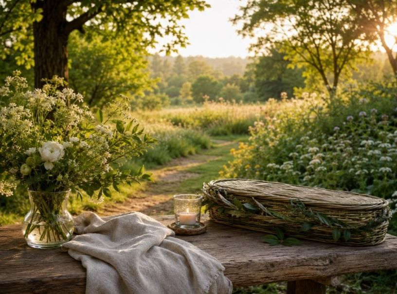 Sunlit garden green burial setting for Carmel, IN funeral homes with natural flowers